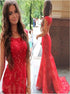 Mermaid Scoop Appliques Red Lace Backless Tulle Prom Dress LBQ4150